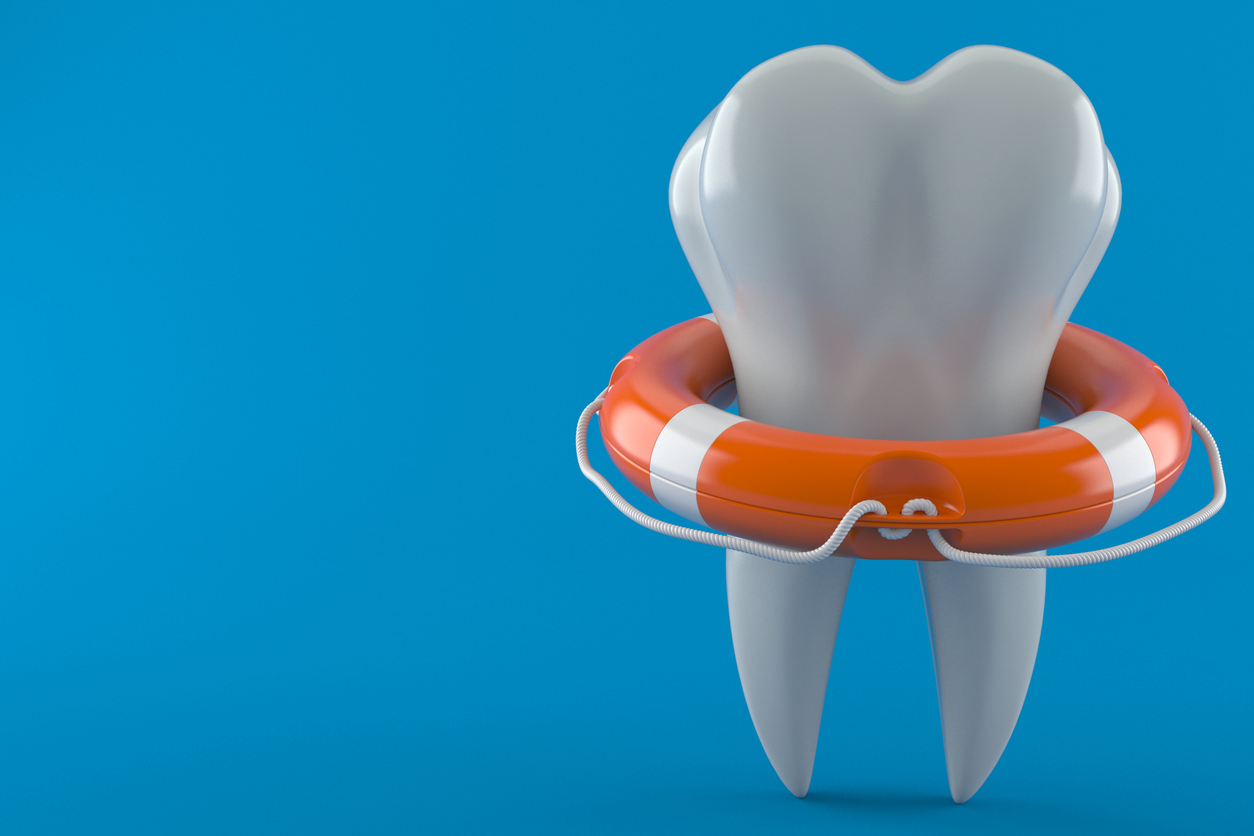 The image is of a 3d tooth in a life preserver to show the signs a patient needs an emergency dental visit.